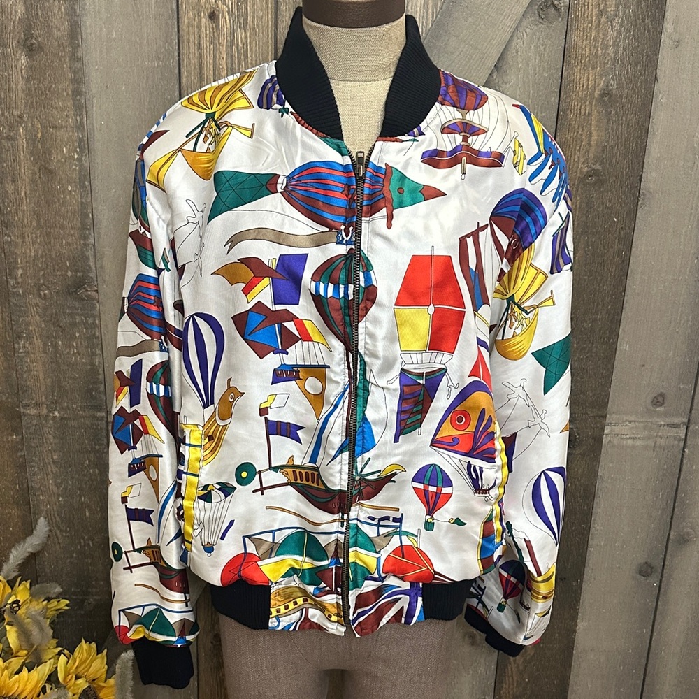 Vintage Angela Tong Silk Bomber Jacket Made in USA Novelty Art Print Size Large